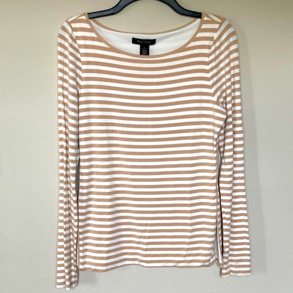 White House Black Market Long Sleeve White and Tan Striped Top